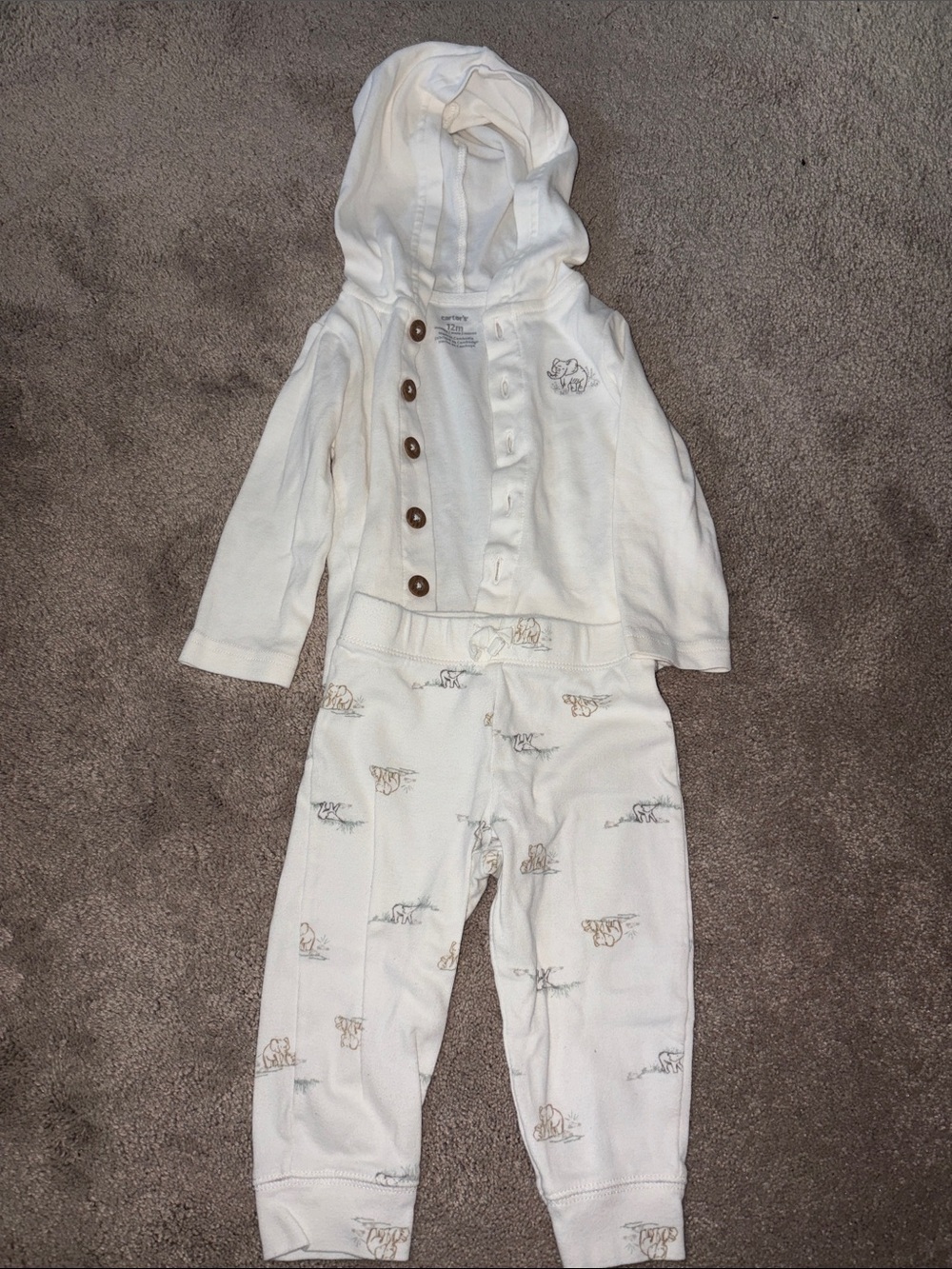 Carter's Cream Hooded Top and White Animal-Print Joggers